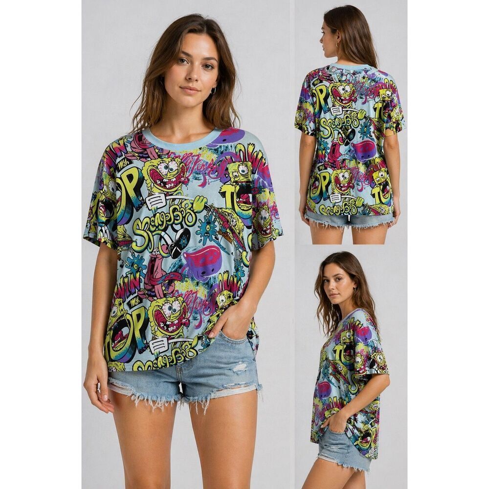 Nickelodeon SpongeBob Graphic T-Shirt XL Colorful Cartoon Print Short Sleeve Tee